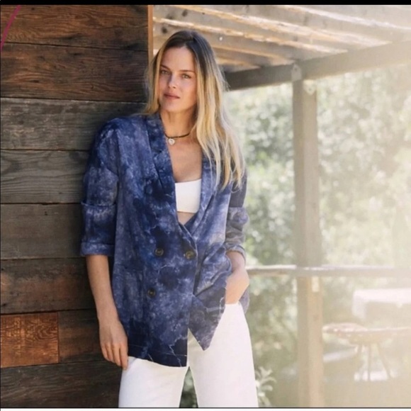 NWT Amadi Anthropologie Blue Tie Dye Oversized Blazer Small Linen - Picture 1 of 11